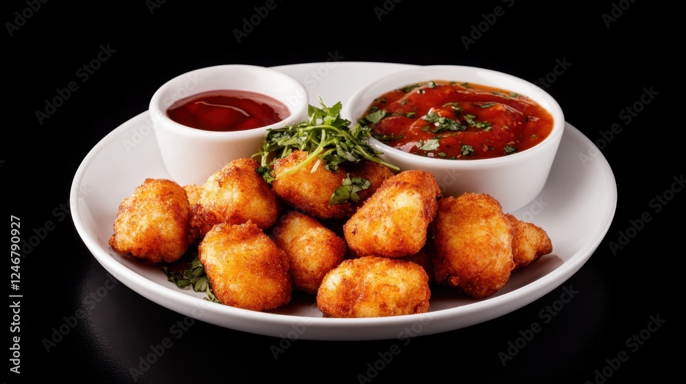 A plate of crispy, golden-brown fritters served with tangy sauces and garnished with fresh herbs, ideal for snacking or appetizers. A plate of crispy, golden-brown fritters served with tangy sauces and garnished with fresh herbs, ideal for snacking or appetizers.