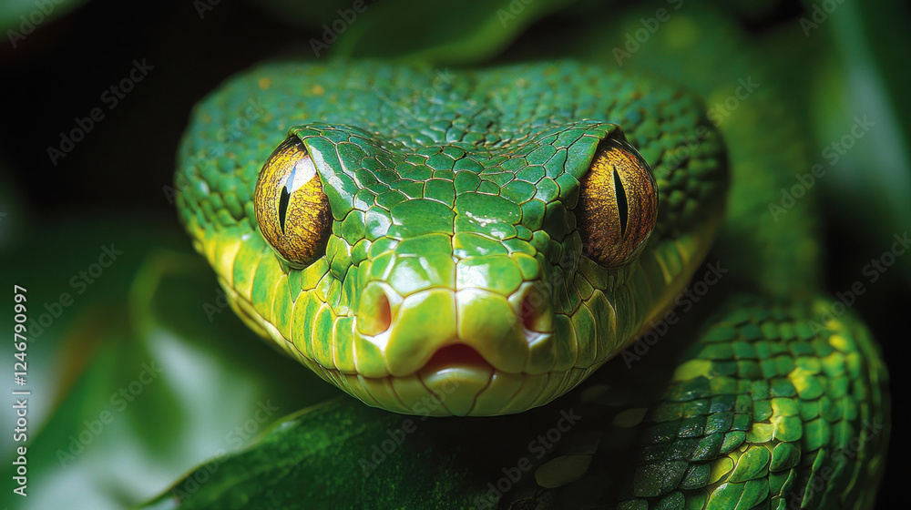 Fototapeta premium Reptiles, such as a bright green snake slithering through dense tropical plants