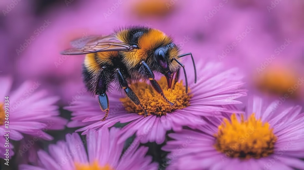 Bumblebee pollinating purple aster flowers in garden Bumblebee pollinating purple aster flowers in garden