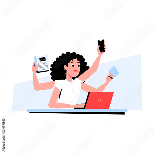 Businesswoman Multitasking With Multiple Hands Holding Devices in Flat Vector Illustration Symbolizing Productivity, Workload, and Time Management, Isolated on White Background.