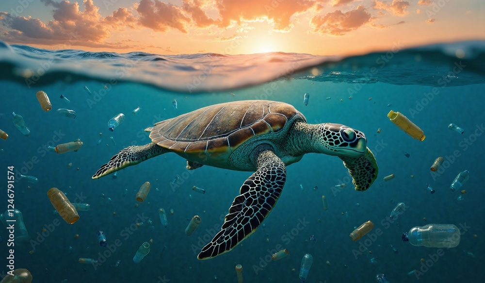 Obraz premium Clear blue aqua marine ocean with turtle and plastic bottle and bag pollution. plastic pollution in ocean. AI generated.