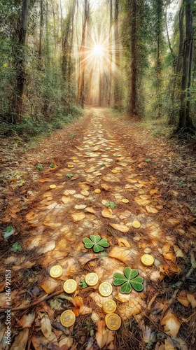 Sunlight filtering through forest trees, highlighting leaf strewn woodland path scattered with golden coins and lucky clovers, symbolizing serendipitous fortune photo