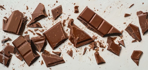Perfectly detailed chocolate bar pieces, some broken and scattered, with a creamy texture highlighted on a white background