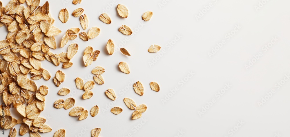 Realistic oat flakes hovering in the air, intricate grooves and golden tones, crisp and minimalist presentation on white Realistic oat flakes hovering in the air, intricate grooves and golden tones, crisp and minimalist presentation on white