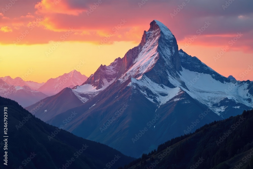 Vertical peak with snow capped summit at golden hour, sunset, natural, mountains Vertical peak with snow capped summit at golden hour, sunset, natural, mountains