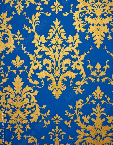Elegant Floral Pattern with Ornate Golden Motifs on a Blue Background