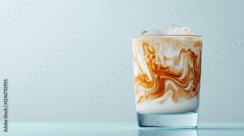 Refreshing iced latte with creamy swirls and transparent ice cubes in a glass, minimalistic presentation on a bright white canvas photo