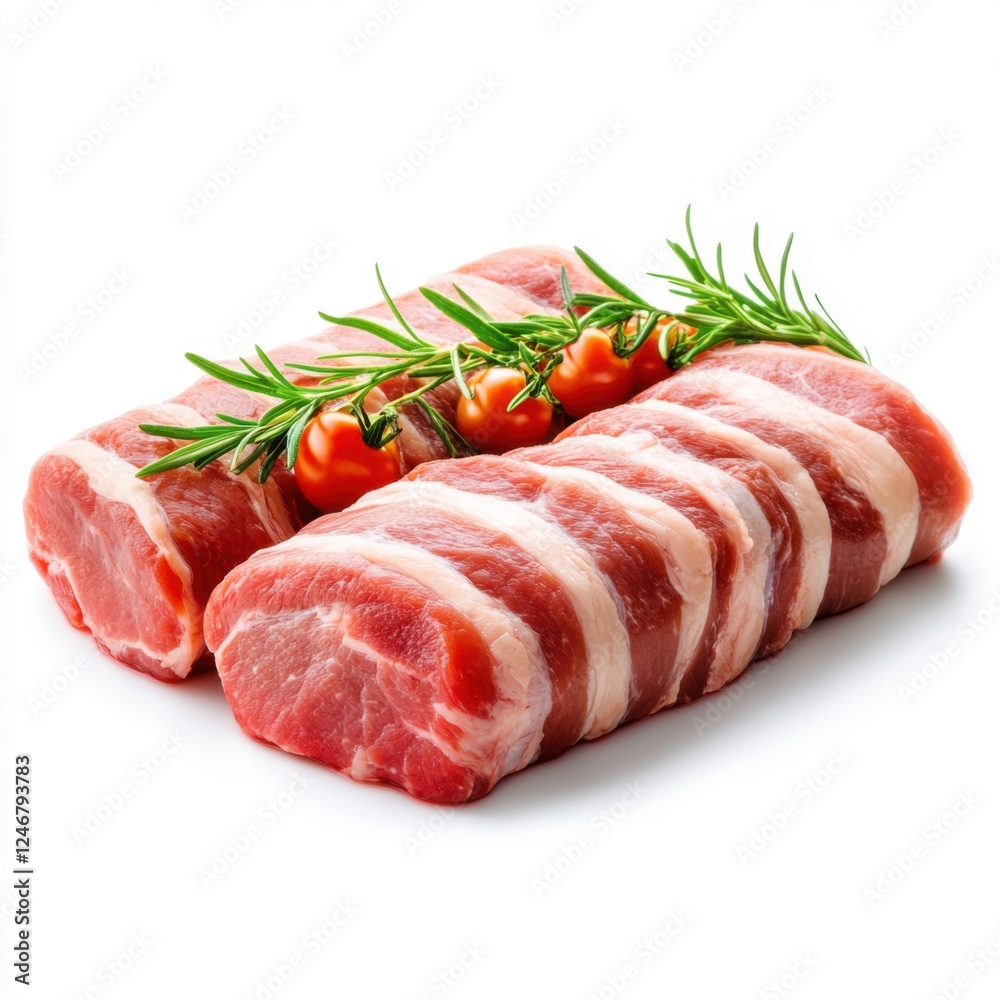 Fresh Cut Pork Tenderloin with Cherry Tomatoes and Rosemary on a White Background for Culinary Use Fresh Cut Pork Tenderloin with Cherry Tomatoes and Rosemary on a White Background for Culinary Use