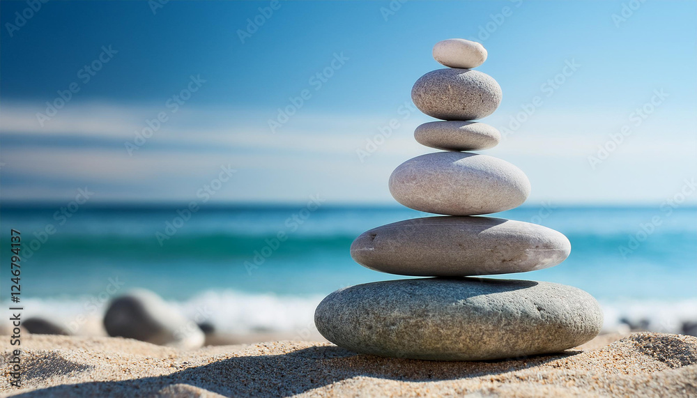 pyramid of pebbles on beach symbolizing zen stability and harmony with tranquil ocean backdrop and space for meditation text insertion pyramid of pebbles on beach symbolizing zen stability and harmony with tranquil ocean backdrop and space for meditation text insertion