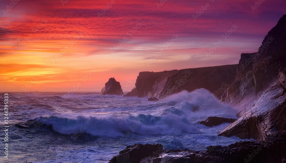 Fototapeta premium Majestic summer sunset over rugged coastline and crashing ocean waves