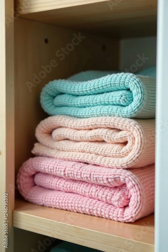 Delicate washcloths neatly folded and stacked in a linen closet, fold, domesticity