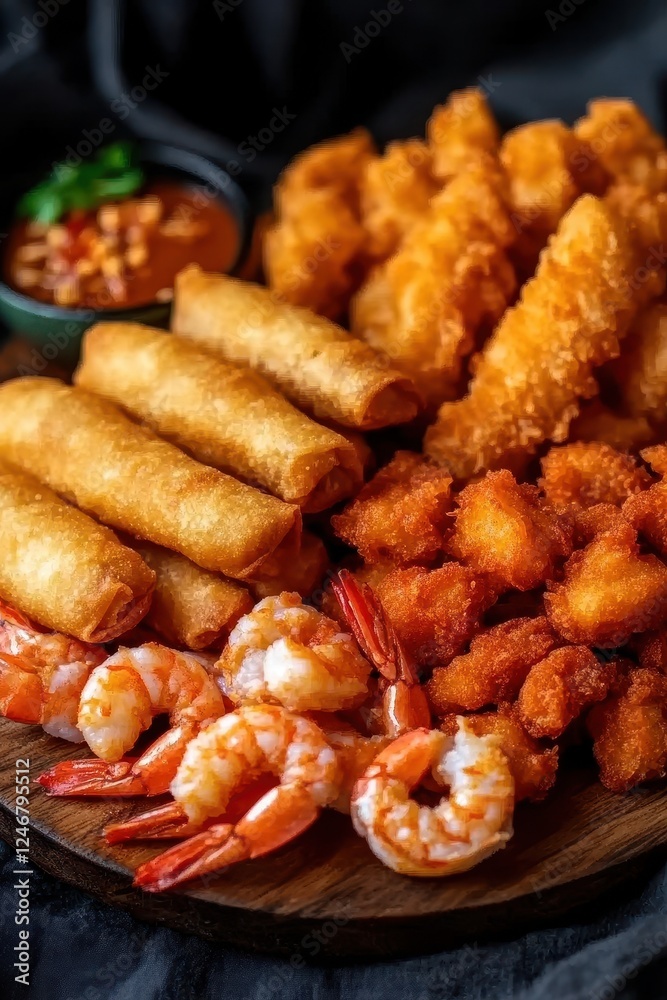 A delicious spread of crispy fried shrimp, spring rolls, and chicken bites served with a tangy dipping sauce, perfect for sharing or a tasty snack. A delicious spread of crispy fried shrimp, spring rolls, and chicken bites served with a tangy dipping sauce, perfect for sharing or a tasty snack.