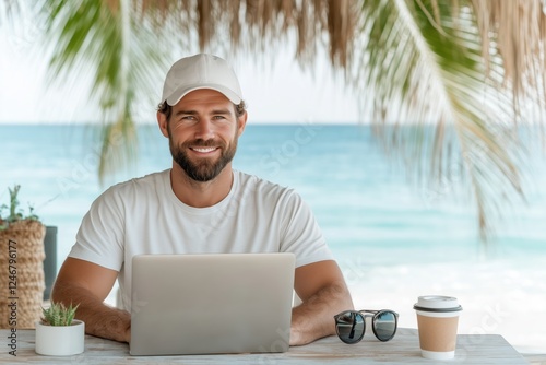 Arbeiten im Paradies: Digitaler Nomade am Strand mit Laptop

