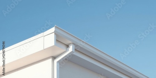 Clean white gutter system against a clear blue sky, showcasing modern architectural details and seamless integration