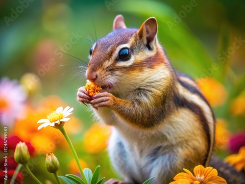 Adorable chipmunk savors a bloom, composing a charming rule-of-thirds photograph.