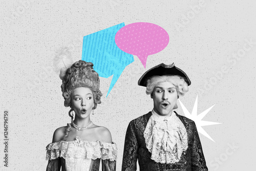 Sketch design artwork 3D photo collage of french aristocracy feather accessory elegance young lady man portrait together speech cloud date