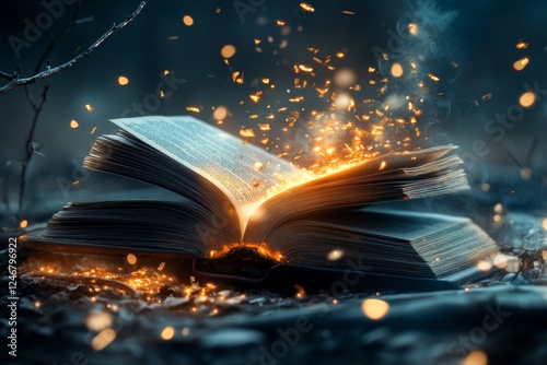 Wallpaper Mural A 3D-rendered book floating in mid-air, its pages glowing with mysterious golden text Torontodigital.ca