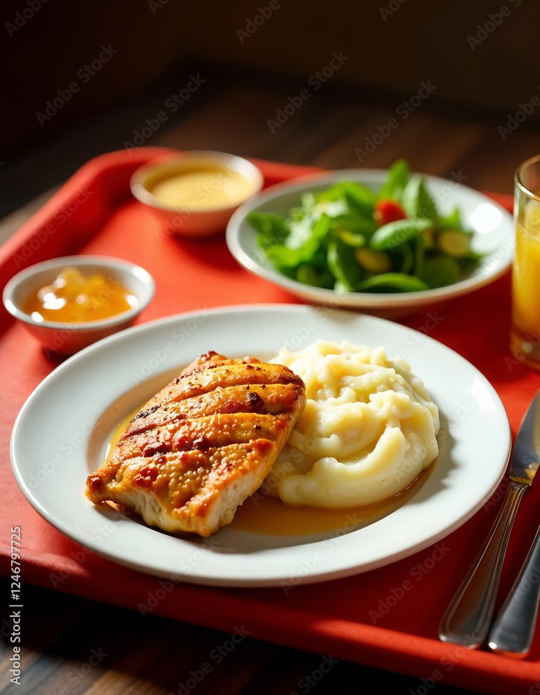 A plate of chicken cutlets, mashed potatoes, and a glass of orange juice, food close-up A plate of chicken cutlets, mashed potatoes, and a glass of orange juice, food close-up