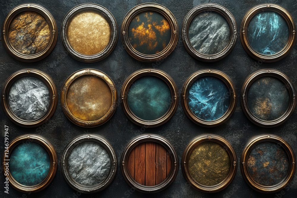 set of round ui game frames designed with textures of silver gold and metal embellished with elements of snow wood or stone ready for graphic design applications set of round ui game frames designed with textures of silver gold and metal embellished with elements of snow wood or stone ready for graphic design applications