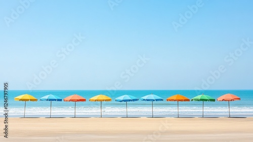 A colorful row of beach umbrellas lining the shore, creating a vibrant contrast against the golden sand.