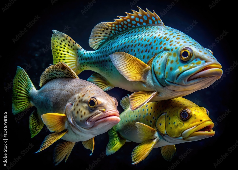 Fototapeta premium Spectacled sea bass and grouper, viewed from above, in captivating low-light underwater photography.