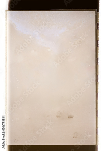 A blank vintage film negative frame with perforations on the sides, featuring a sepia-toned texture and slight scratches, resembling old analog photography materials.