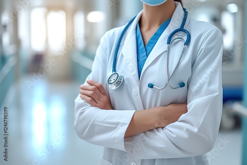 Medicine doctor with stethoscope in hand standing confidently on hospital background, healthcare concept