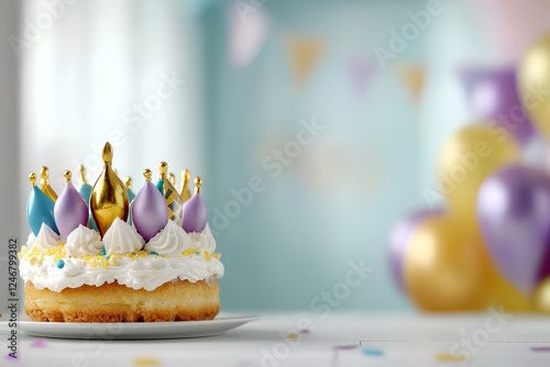 Festive celebration king cake with golden crown and colorful balloons in bright party setting, Mardi Gras photo