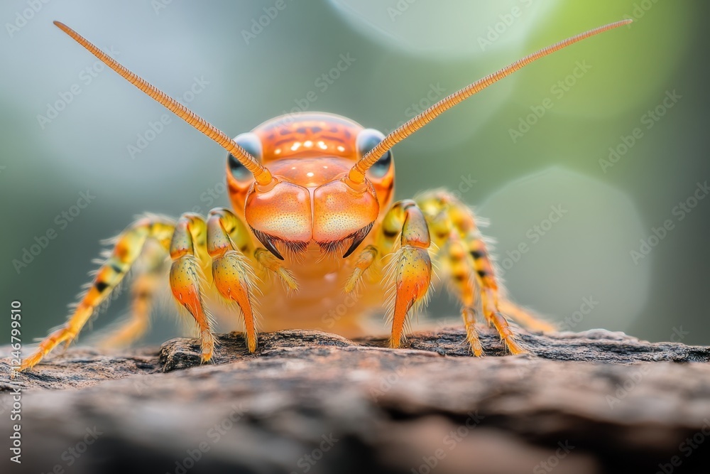 Fototapeta premium A brightly colored venomous centipede hiding under a piece of bark