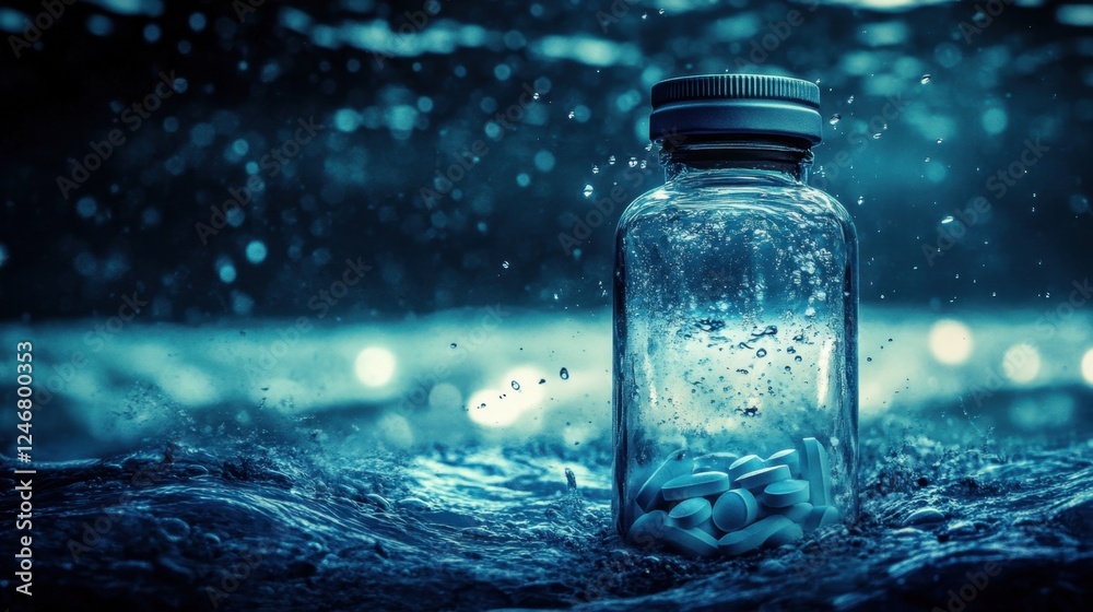 A deep blue underwater composition with a prescription bottle caught in slow-moving waves, pills floating freely. A deep blue underwater composition with a prescription bottle caught in slow-moving waves, pills floating freely.