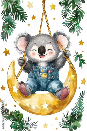 Cute Koala on a Moon Swing Surrounded by Stars and Leaves