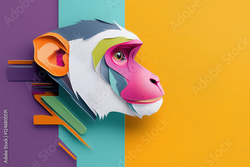 Monkey face wall art profile, side view closeup, bold strokes abstract, 3d, magenta cyan yellow background, primate theme