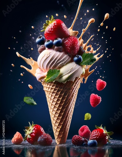Delicious ice cream cone with scoops of mixed flavors, topped with fresh berries and chocolate sauce splash. Dynamic composition, dark background, high contrast.