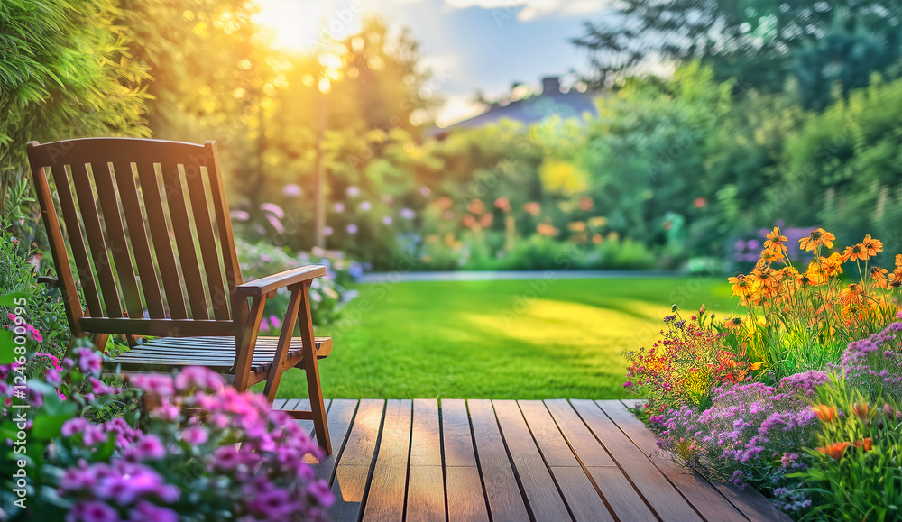 Beautiful garden with seating and lush flowers greenery, captured from the perspective of wood large patio area Beautiful garden with seating and lush flowers greenery, captured from the perspective of wood large patio area