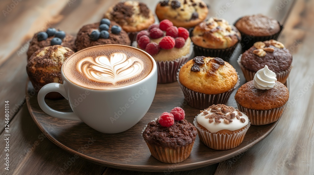 Coffee with Latte Art and Assorted Gourmet Muffins on Wooden Tray Coffee with Latte Art and Assorted Gourmet Muffins on Wooden Tray