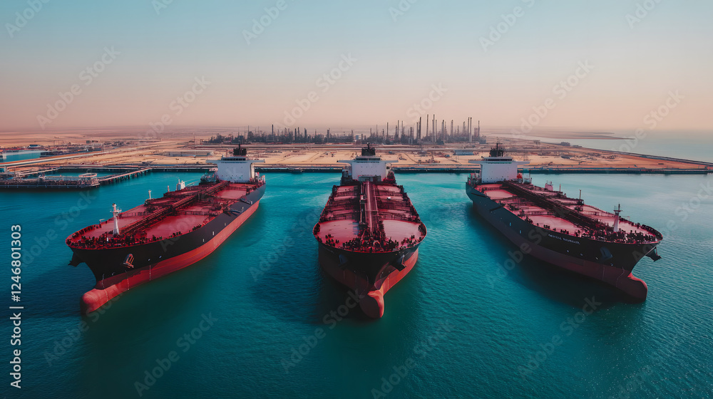 Obraz premium Aerial view of large oil tankers docked at a busy port with extensive pipelines extending into the horizon, representing global oil trade and energy industry logistics.