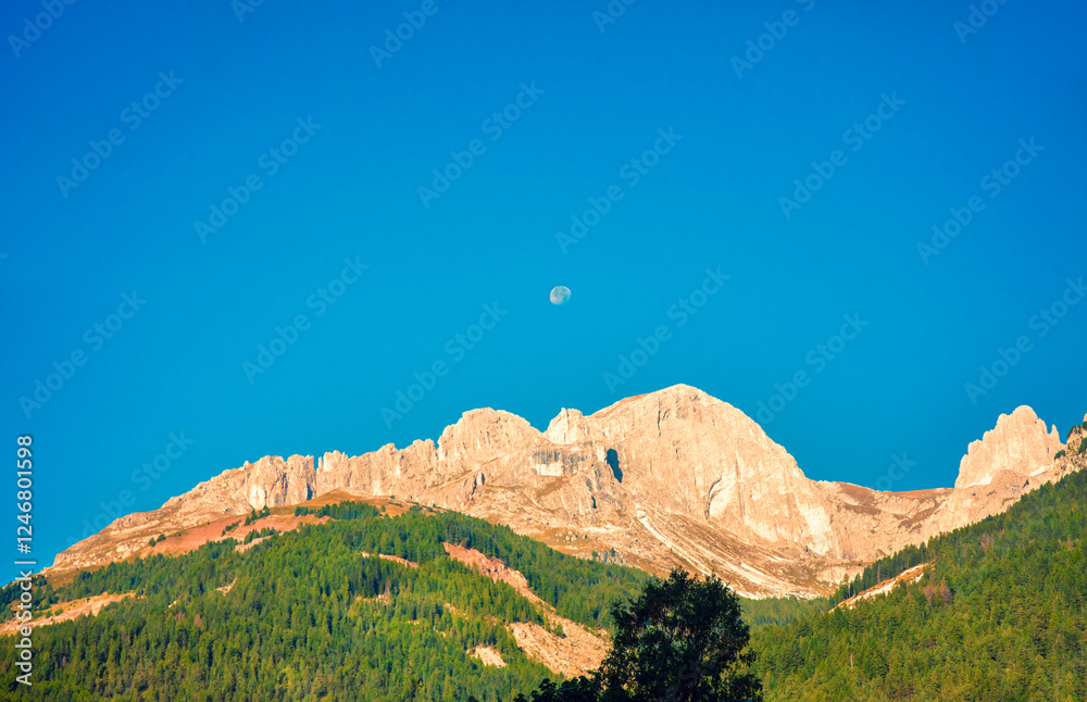 Mountain landscape with clear blue sky on a sunny day. Mountains of the Dolomites. Thought Tyrol, Italy, Europe
