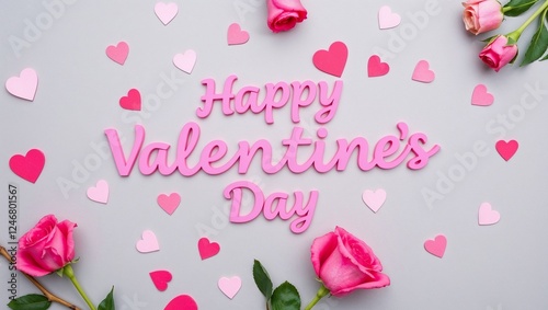 Happy valentines day background. Typography text with pink and flower