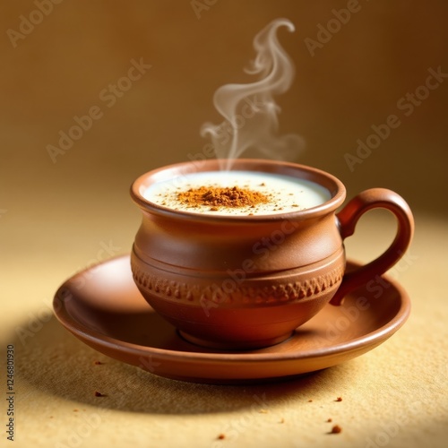 Spiced tea with milk in a traditional Indian earthen cup on a beige background, cup, milk, spices photo