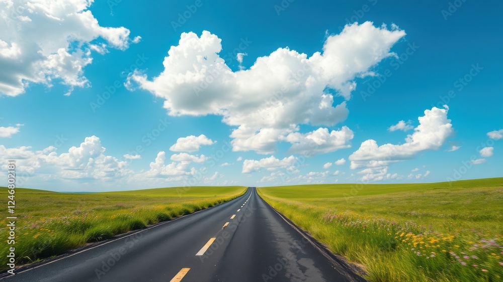 Naklejka premium Asphalt road cutting through a vibrant green meadow under a bright summer sky with fluffy white clouds