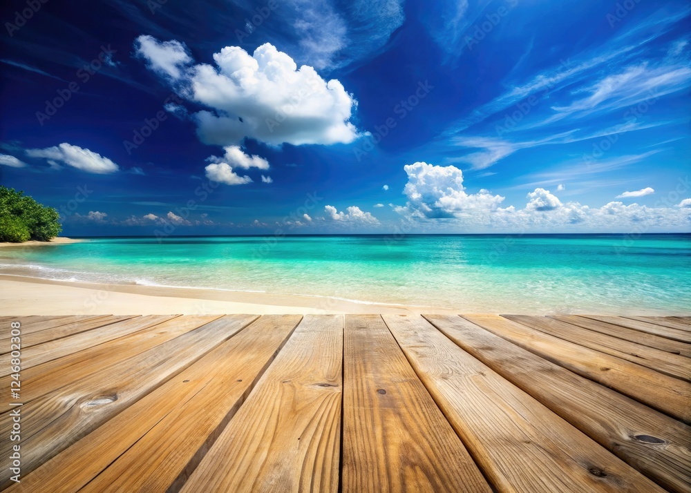 Fototapeta premium Sun-kissed wooden plank rests on a pristine sandy beach, calm turquoise sea mirroring summer's tranquility.