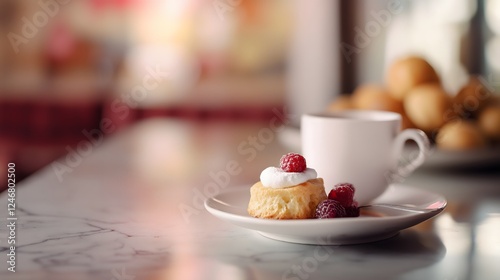 Wallpaper Mural Biscuit topped with raspberries and whipped cream on a marble table. Torontodigital.ca
