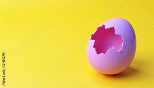 Soft, pastel purple unicorn egg cracks open on yellow background, spring, purple, soft