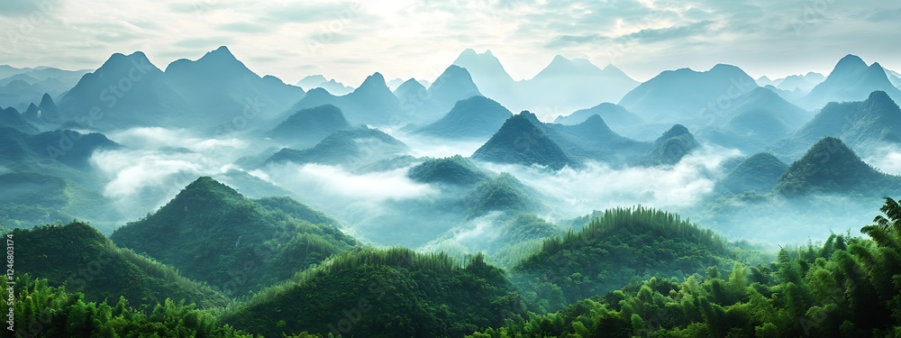 Naklejka premium Misty Mountain Ridges Jagged Mountain Ridges Partially Obscured by Low-Hanging Clouds and Mist A Dramatic and Atmospheric Aerial View of Nature's Majesty