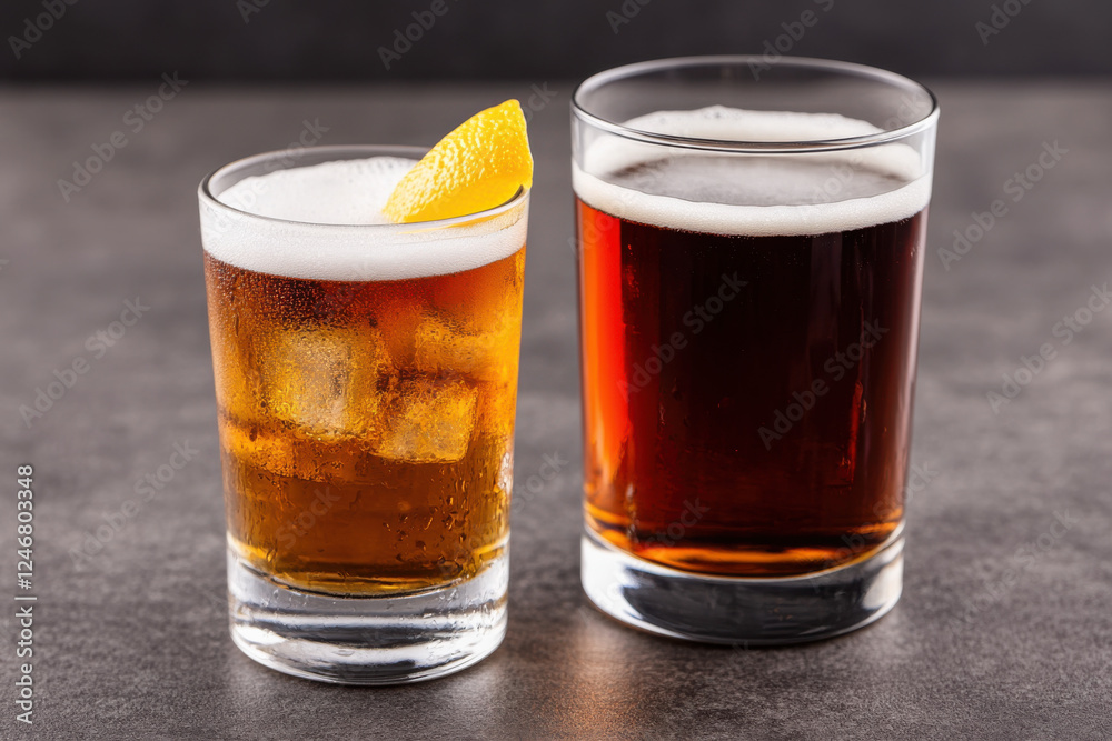 Two glasses of different colored drinks, one is a brown drink Two glasses of different colored drinks, one is a brown drink