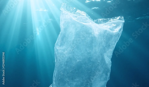 Plastic bag floating over reef in the ocean. Plastic pollution harm the ocean life. AI generated. photo