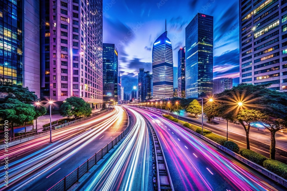 Fototapeta premium Long Exposure City Lightscape at Night - Urban Blurred Lights Trails