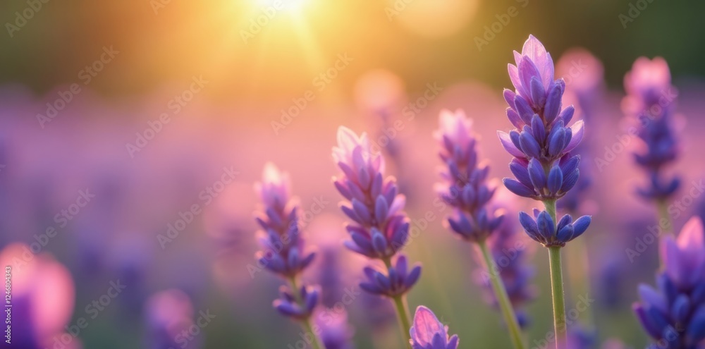 Obraz premium Soft petals of lavender flowers gently swaying in warm sunlight, sunlit, greenery, seamless