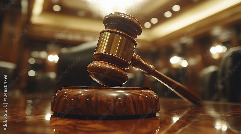 Gavel on sounding block in courtroom.