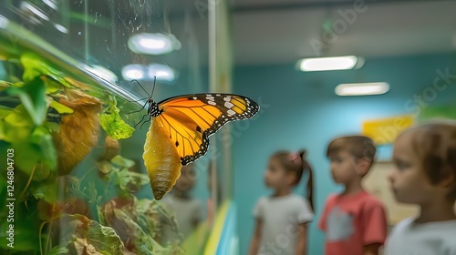 Butterfly emerging from chrysalis in terrarium, children watching.